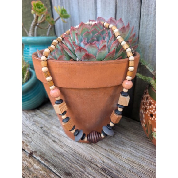 Vintage Wood Beaded Necklace: Earthtone Chunky Necklace - Picture 3 of 11